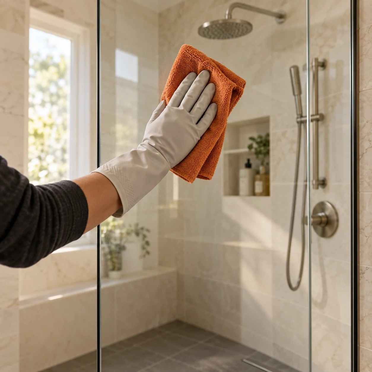 A gloved hand polishing a glass shower panel with an orange microfiber cloth