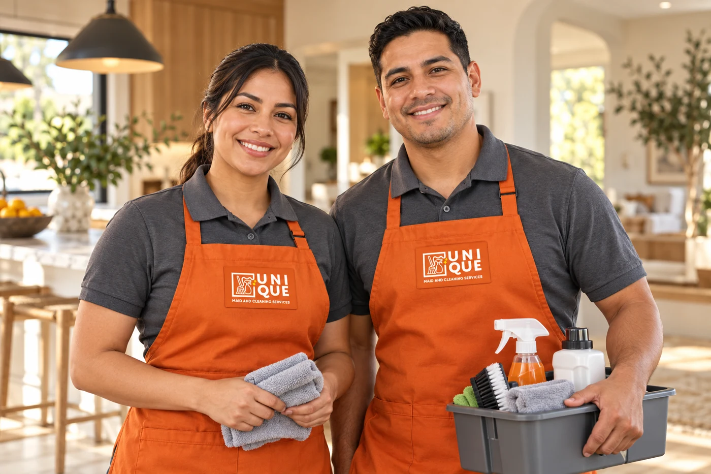 Illustrative portrait of a smiling woman and man in Unique cleaning uniforms