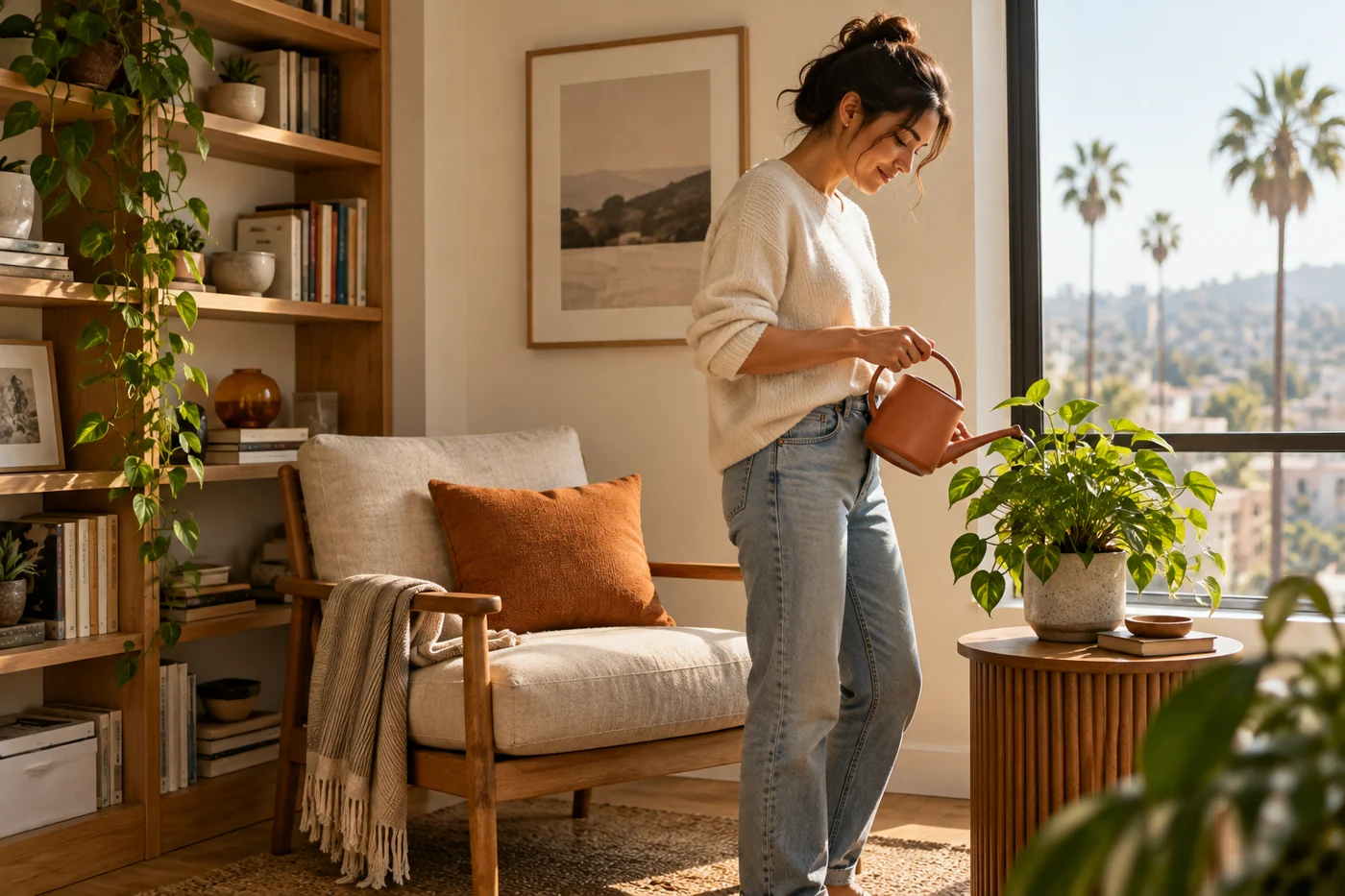 A woman enjoying a freshly tidied reading nook at home