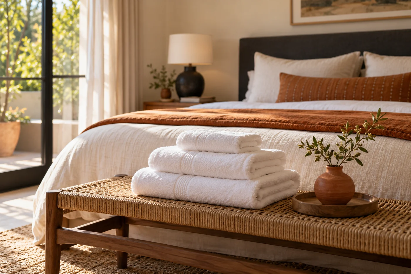 A welcoming guest room with fresh towels prepared for arrival