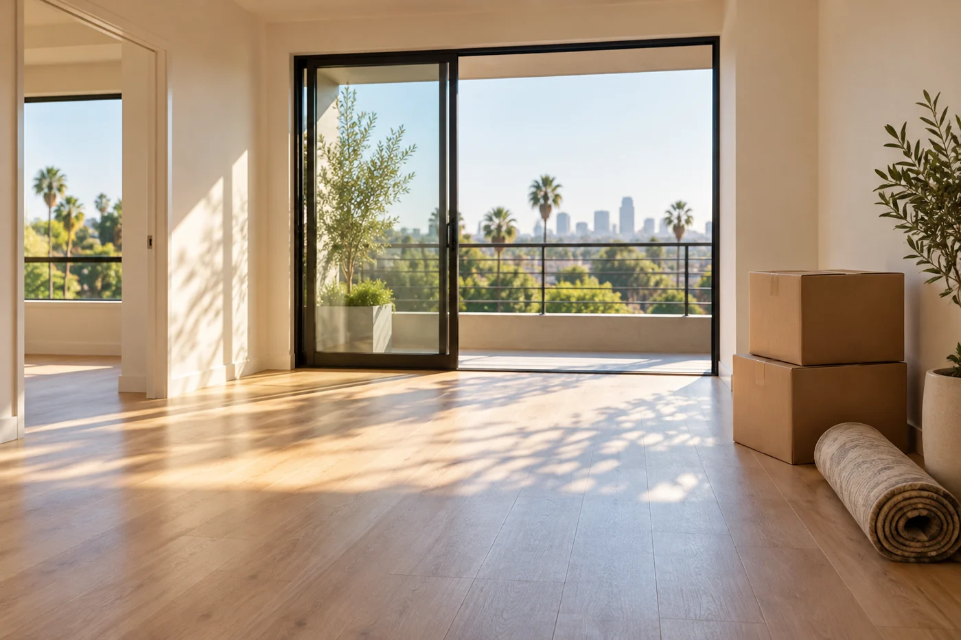 A clean apartment with packed boxes, ready for a move